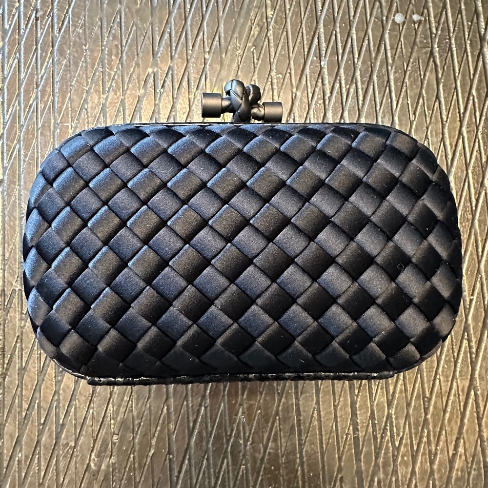 Bottega Veneta Intrecciato Knot Python Satin Black Clutch NWT